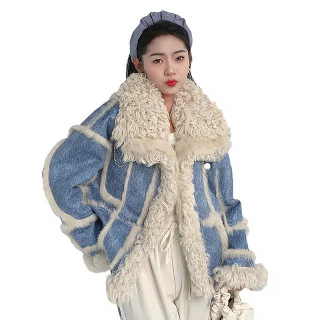 桴生 兔皮毛一体羊羔毛翻领时尚休闲保暖名媛风皮草 女款