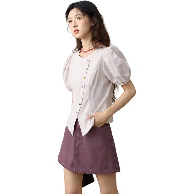 谜秀 设计感夏季泡泡袖纯色短袖翻领法式衬衫 女款