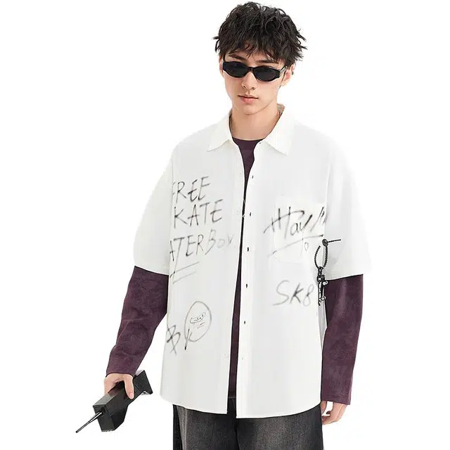 三福 涂鸦字母工装字母领短袖衬衫 男款