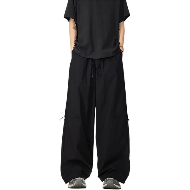 华夏儿女 美式复古高街侧边网孔透气拼接设计伞兵裤宽松百搭阔腿直筒舒适速干运动薄款休闲裤 男女同款