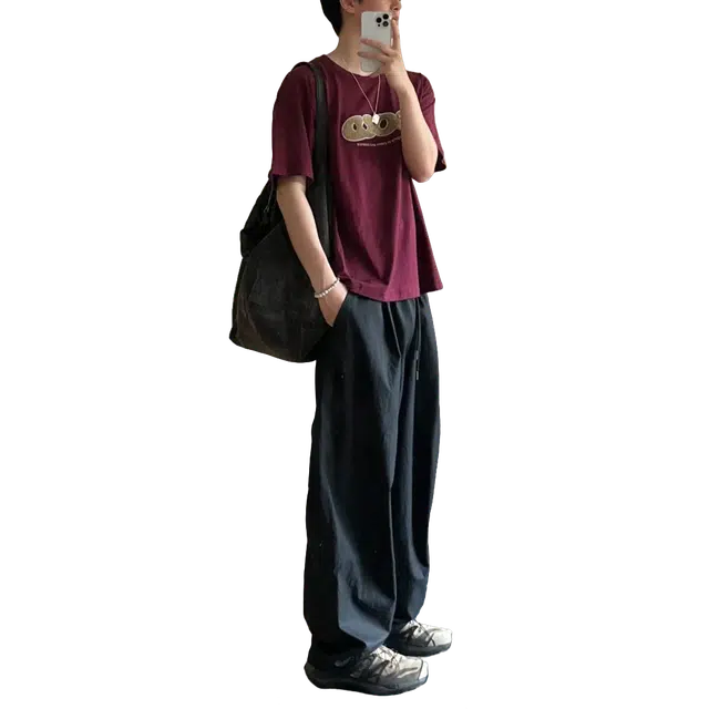 冈哉 美式学院风潮流个性基础款纯色简约舒适亲肤宽松百搭松紧腰系带日常通勤休闲裤 男女同款