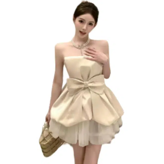 黛尔佳人 精灵舞会~蝴蝶结抹胸小礼裙压褶肌理感生日花苞短裙无袖连衣裙 女款