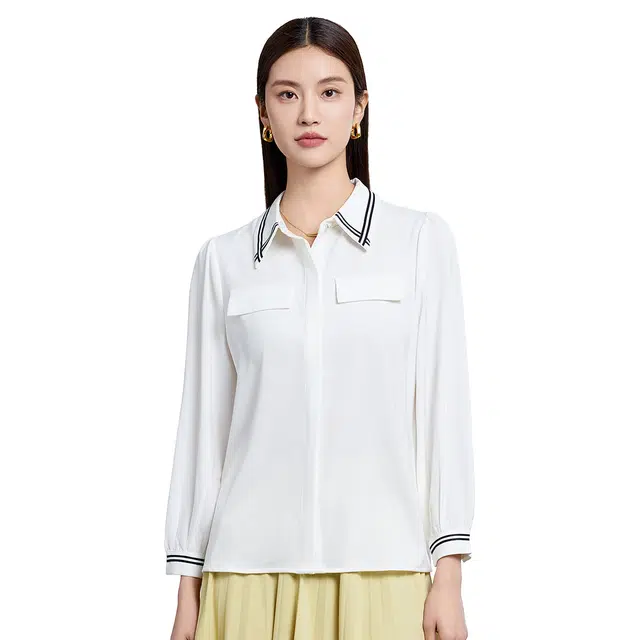 富铤 翻领合身条纹图案长袖衬衫 女款