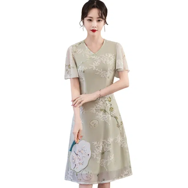 丝絮丝绸 新中式国风旗袍复古日常改良素雅短袖连衣裙 女款