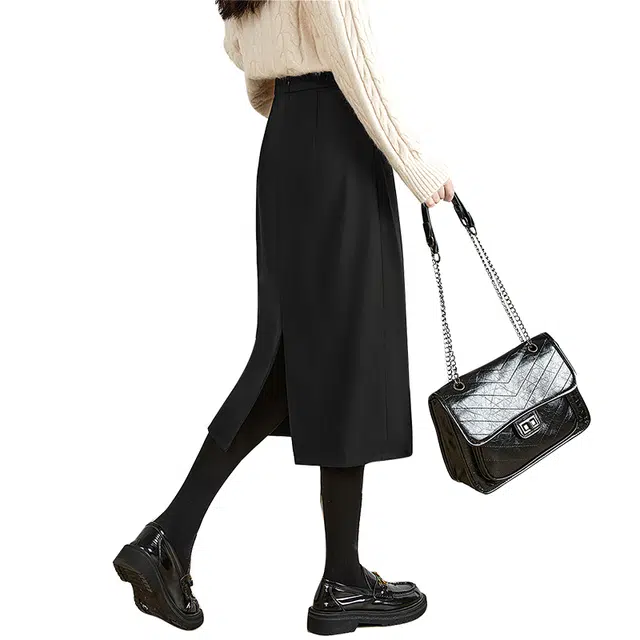 她池 纯色通勤风开衩中长裙休闲长裙高腰包臀半身裙 女款