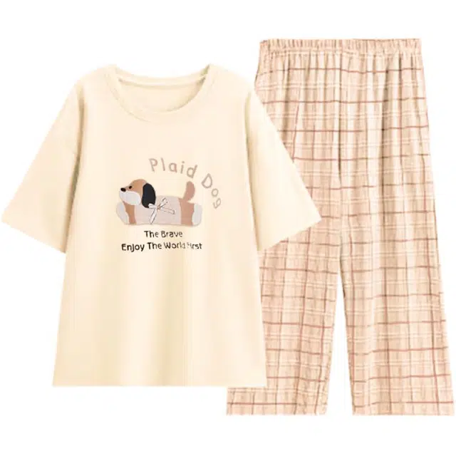 都市丽人 夏季全棉卡通图案可爱迷你短袖家居服宽松舒适版睡衣套装 女款