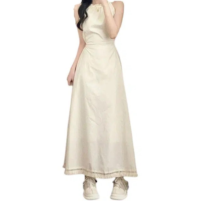 哒头下雨不愁 法式小众设计感镂空挂脖抽褶系带温柔风气质无袖吊带连衣裙 女款