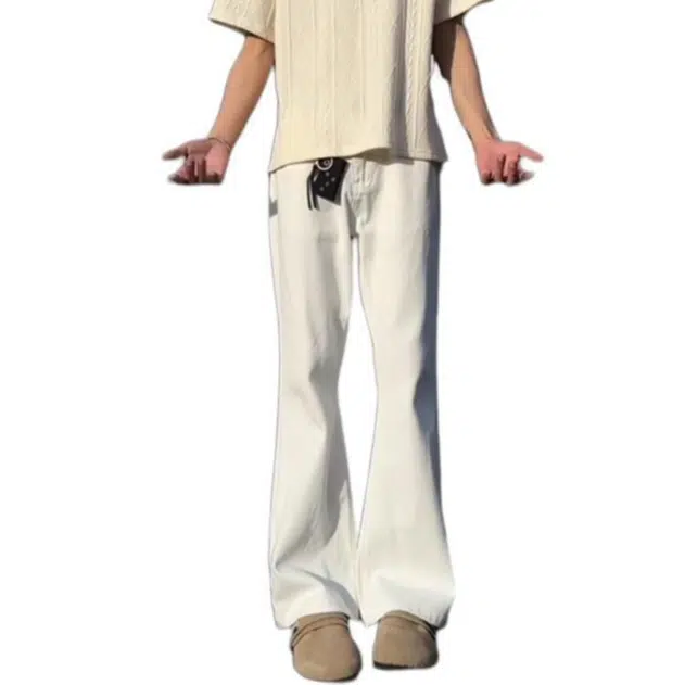 单爵 白色柳叶弯刀薄款美式高街直筒微喇裤子牛仔裤 男女同款