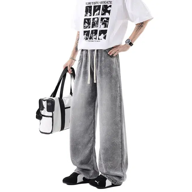 佐菲利 提花满印落叶图案美式复古宽松阔腿薄款冰丝裤垂感抽绳松紧腰直筒牛仔裤 男女同款