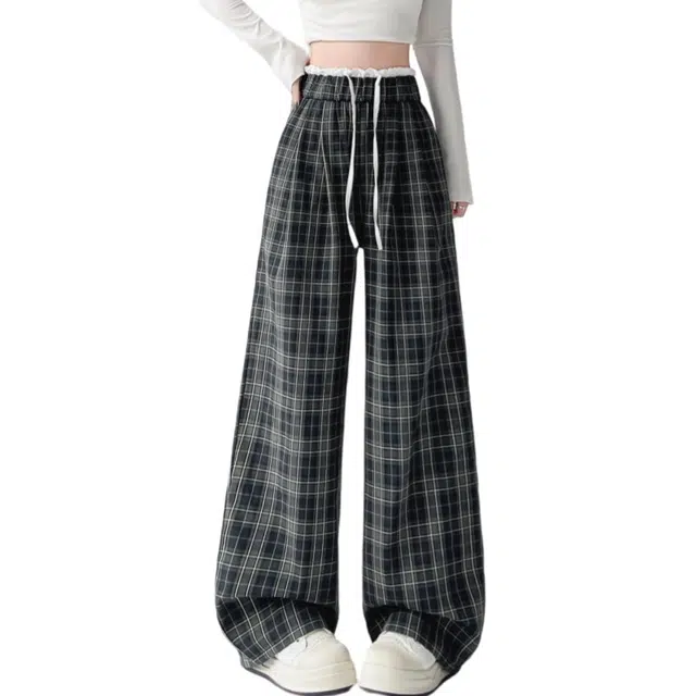 兰缪 高腰美式山本格子拖地长裤阔腿裤直筒垂感宽松休闲裤 女款