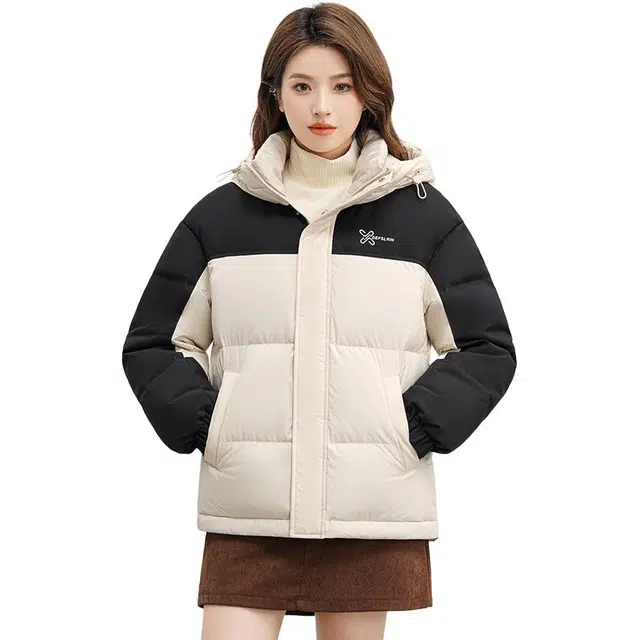 鸭鸭 拉链连帽撞色拼接情侣面包服防寒羽绒服 女款