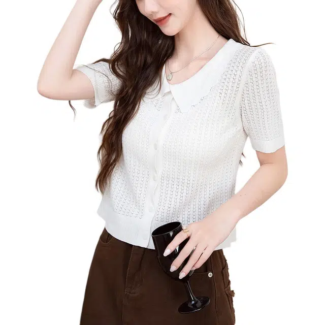 法文箱子 百搭开衫纯色短袖翻领针织衫 女款