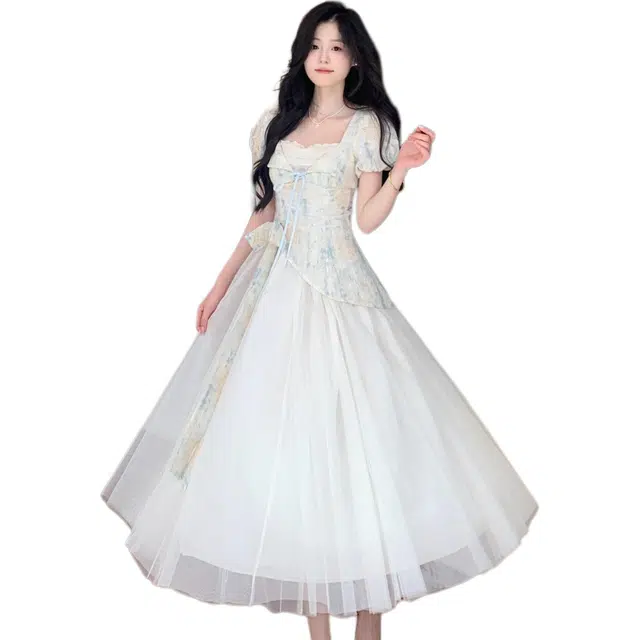 桴生 法式经典少女风假两件拼接甜美蝴蝶结收腰蓬蓬长款短袖连衣裙 女款