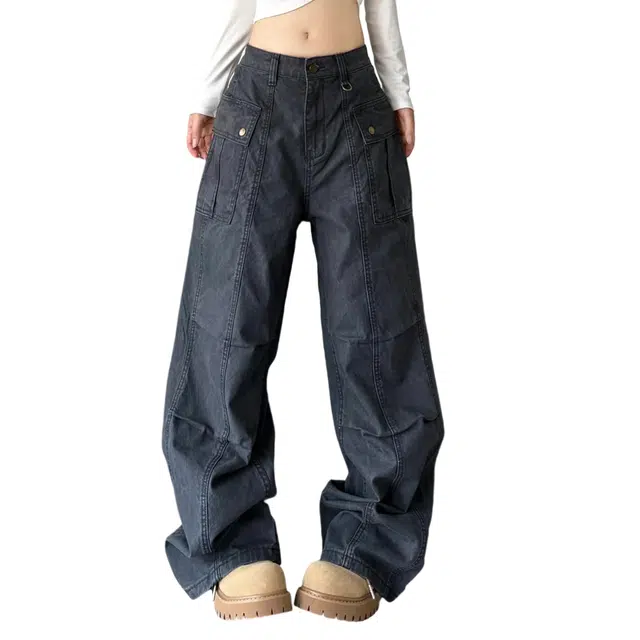 冈哉 美式复古大口袋拼接褶皱设计时尚潮流水洗做旧宽松休闲百搭直筒工装裤 男女同款