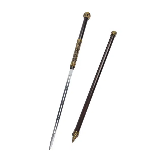 天字号 金阙棍剑高锰钢镂空剑身可反接长兵器 不锈钢鞘锌合金装饰未开刃 成品模型