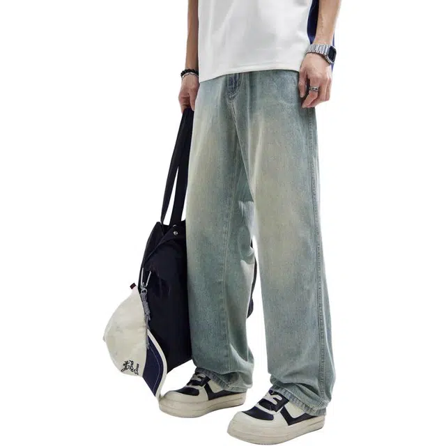 童先森 美式复古微喇高街水洗直筒休闲长裤牛仔裤 男款