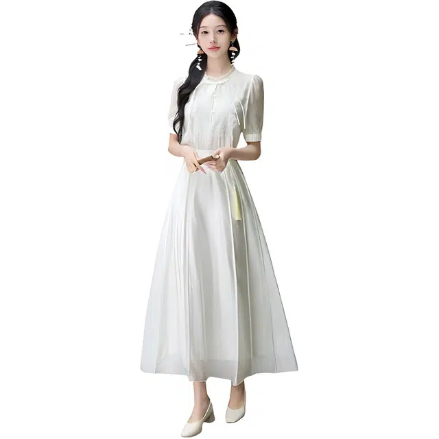 荟萃阁 新中式盘扣立领刺绣民族风短袖上衣国潮改良半身裙两件套裙装套装 女款