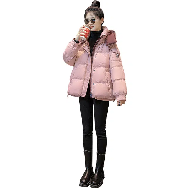 丝柏舍  连帽宽松保暖甜美爱心图案长袖减龄  含羽绒外套  女款  樱花粉