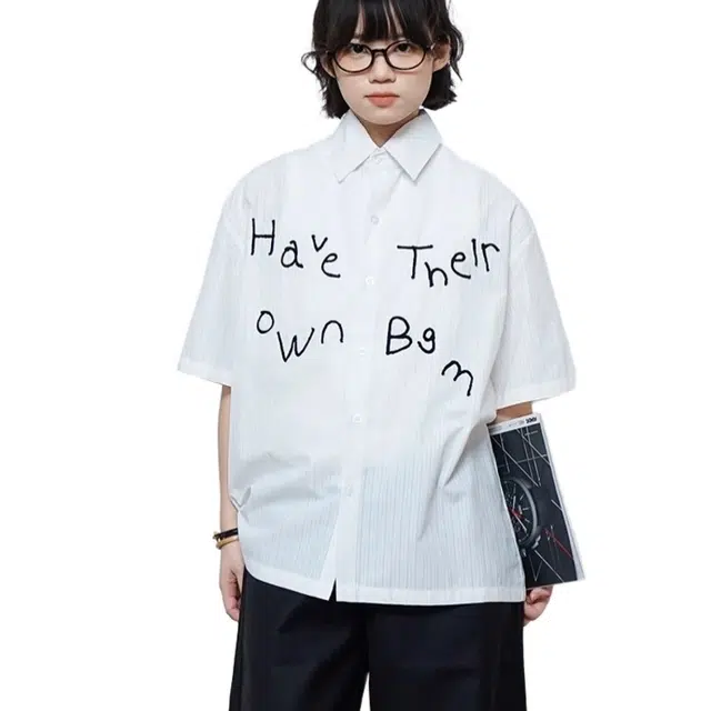 一碗士多 夏季条纹字母刺绣休闲百搭衬衣短袖衬衫 男女同款
