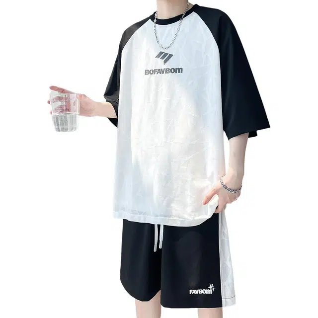 顶峰保罗 冰丝潮流酷帅圆领撞色速干骑行短袖短裤一整套无性别主义显高显瘦透气宽松大码弹力松紧腰跑步健身休闲运动套装 男女同款