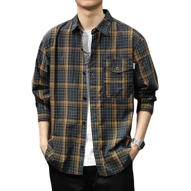 前进牛 日系时尚都市休闲潮牌户外复古磨毛翻领格子宽松大码工装休闲衬衣纯棉薄外套长袖衬衫 男女同款