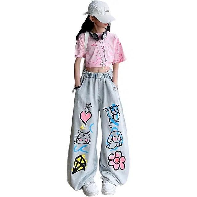 泰迪珍藏休闲运动套装 女童夏装时髦儿童网红短袖两件套中大童卡通牛仔裤子