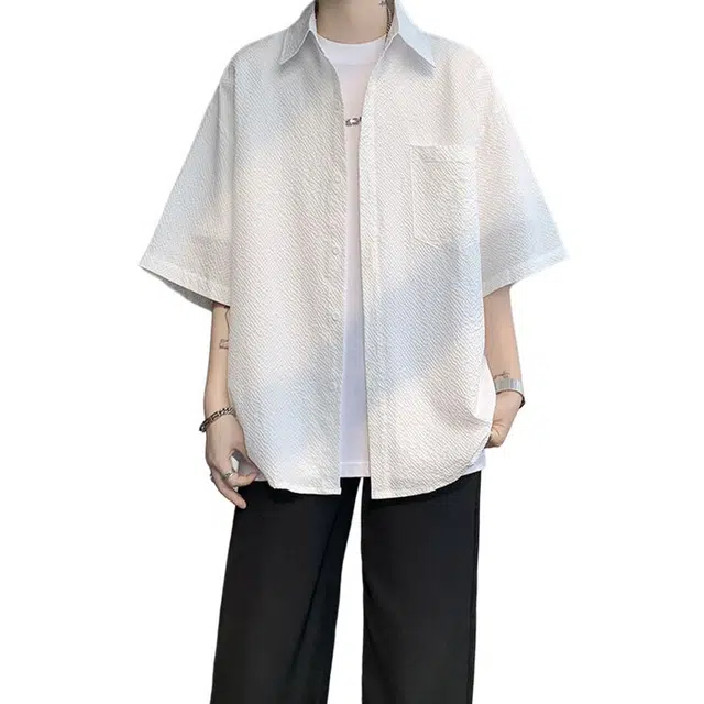 佐菲利 肌理感冰丝夏季薄款泡泡纱衬衣外套宽松休闲七分短袖衬衫 男女同款
