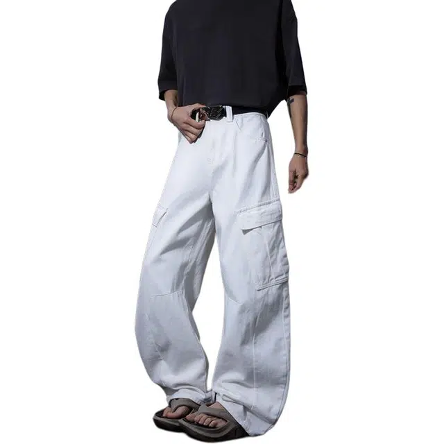 宝米卡 美式复古多口袋工装潮牌宽松百搭阔腿弯刀裤牛仔裤 男女同款