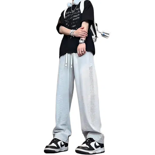 单爵 侧边网眼透气冰丝裤子垂感阔腿裤休闲裤 男女同款