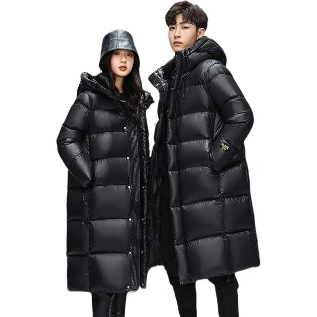 鸭鸭 黑金标奢金保暖加厚纯色过膝连帽防寒羽绒服 男女同款 黑色