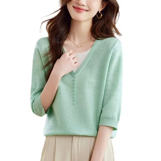 曲韩 假两件女洋气女装七分袖针织衫 女款
