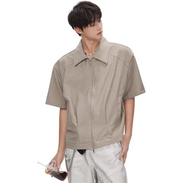 单爵 美式潮牌简约高级感宽松休闲短款垫肩衬衣短袖衬衫 男女同款