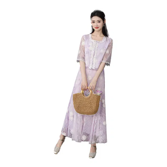 丝絮丝绸 新中式古风蕾丝花边设计汉服五分袖上衣百搭长裙裙装套装 女款