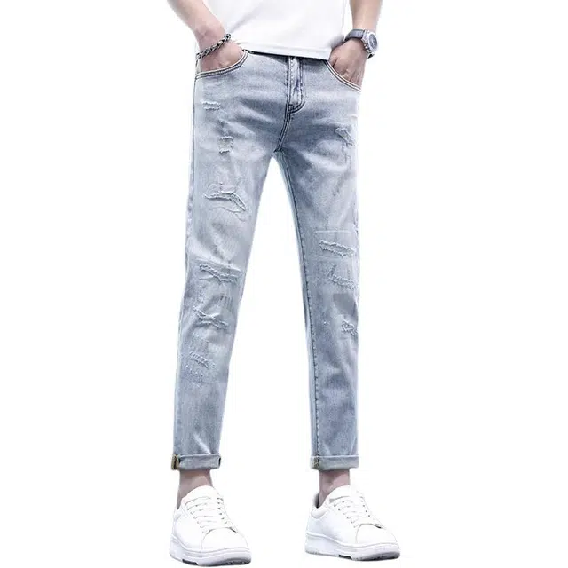 吉肯蒂 薄款破洞百搭小脚裤潮牌帅气长裤子夏季牛仔裤 男款