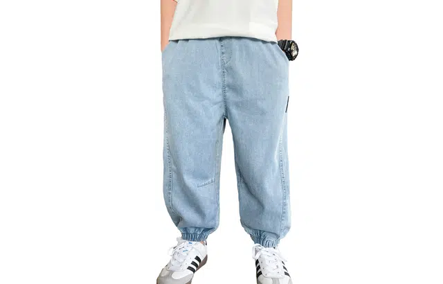 左西 松紧腰简约舒适束脚牛仔裤 儿童款 浅牛仔色