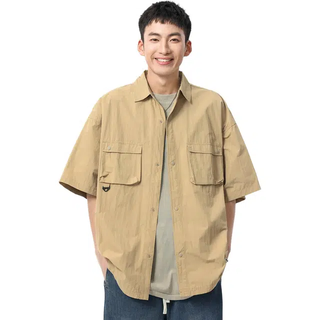 米素力 速干冰丝外搭纯色落肩袖短袖翻领宽松型衬衫 男款
