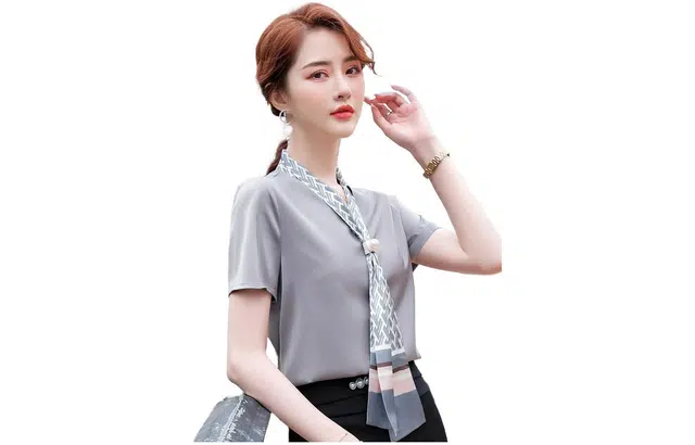 唐娜姿兰 时尚缎面蝴蝶结薄款雪纺短袖衬衫 女款