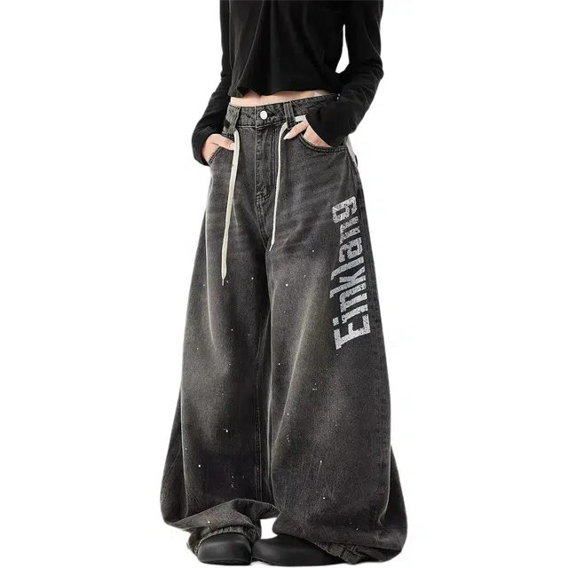 隐狼世家 中性美式复古印花字母弯刀废土风宽松拖地阔腿裤子牛仔裤 男款