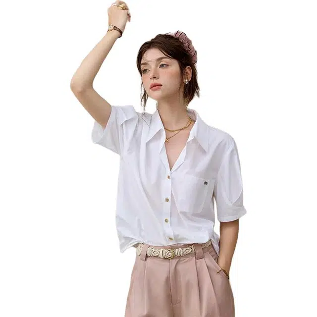 谜秀 法式复古温柔风显瘦纯色常规短袖翻领衬衫 女款