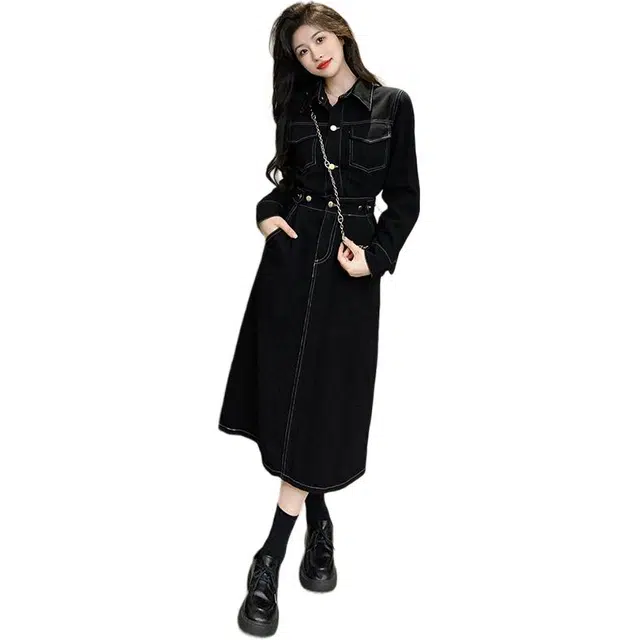 古莲菲 法式高级感气质显瘦长袖连衣裙 女款 黑色