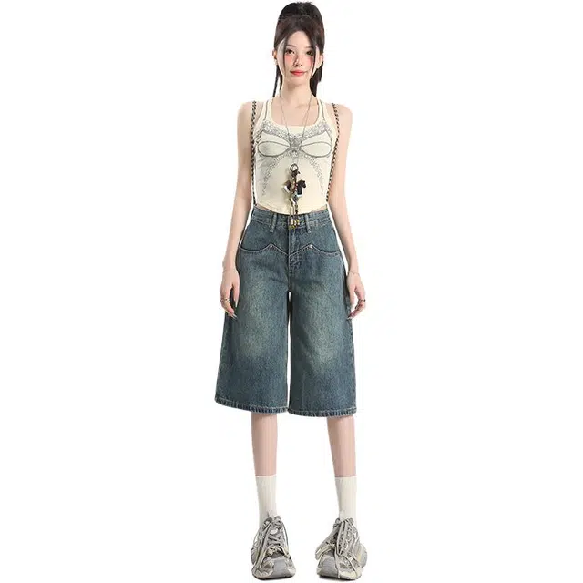 玫丝朵 美式复古简约拼接设计高腰宽松阔腿牛仔短裤 女款