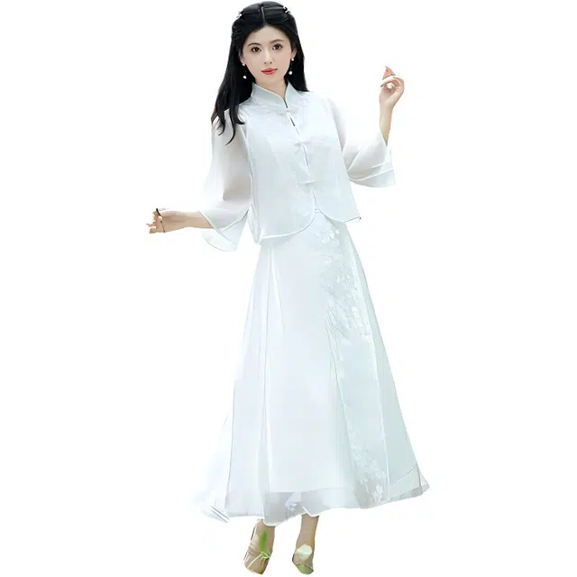 荟萃阁 新中式立领盘扣提花刺绣网纱中袖改良复古半身裙裙装套装 女款
