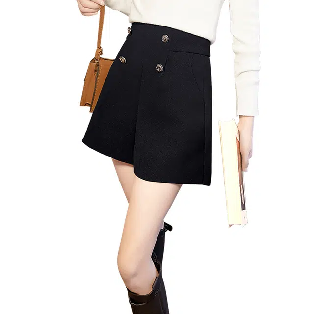 丝柏舍 简约纽扣设计纯色高腰阔腿裤气质口袋显瘦休闲短裤 女款 黑色