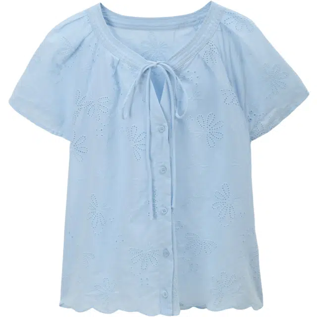 谜秀 百搭圆领系带纯色常规短袖法式衬衫 女款