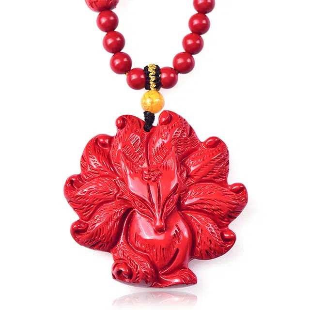 谧月珠宝 中式国潮  民族风 复古 传统狐仙小众设计 精品高含量藏式红砂精品九尾狐 再造辰砂朱砂 项链 男女同款情侣款