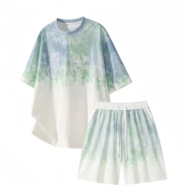 明尼凯 美式复古小众扎染渐变设计感基础款弹力速干透气凉感吸湿排汗亲肤舒适短袖短裤宽松无性别主义重磅潮牌休闲运动套装 男女同款