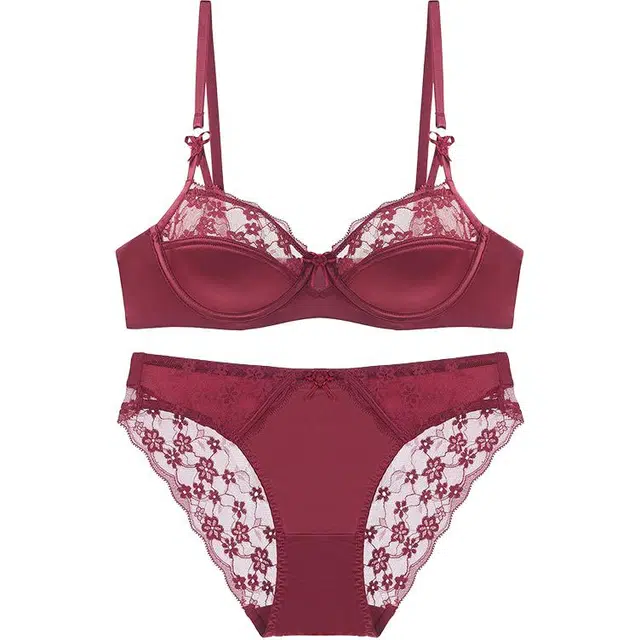 潞优野 性感蕾丝薄棉光面软钢圈文胸大胸显小本命年胸罩内衣裤套装 女款