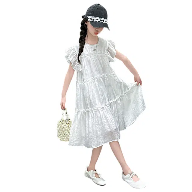 雅鹿连衣裙 纯色百搭洋气短袖 白色 青少年