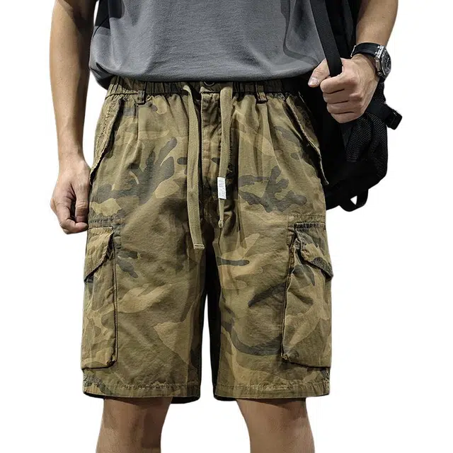 前进牛 硬汉军事风复古迷彩中裤美式休闲高街复古潮牌做旧纯棉水洗男硬潮牌休闲运动宽松直筒五分裤工装短裤 男女同款