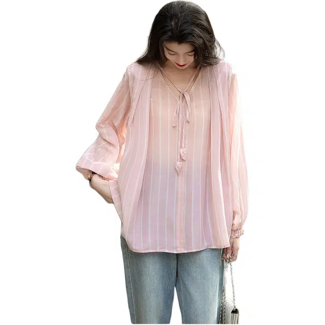 【dme】 系带褶裥轻盈舒适长袖衬衫 女款 粉红